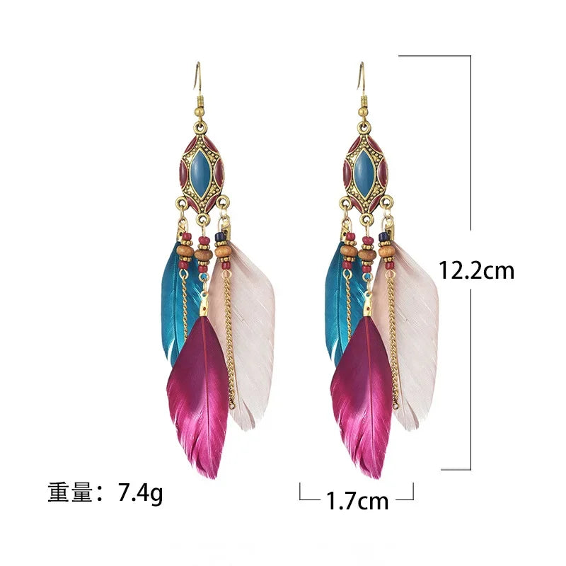 Ethnic Long Feather & Bead Dangle Earrings