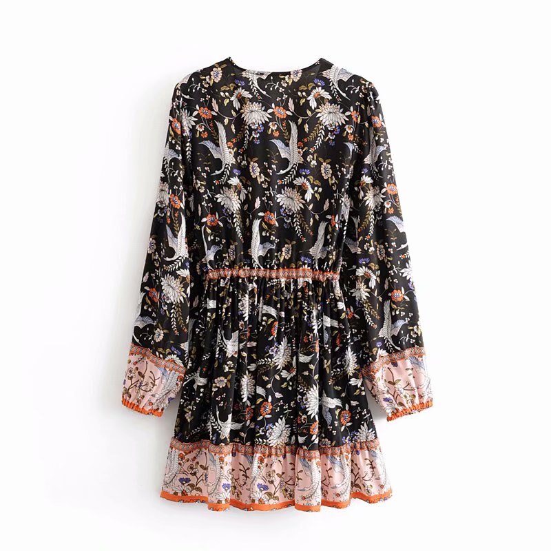 Boho Queen: Crane Flower Print Dress