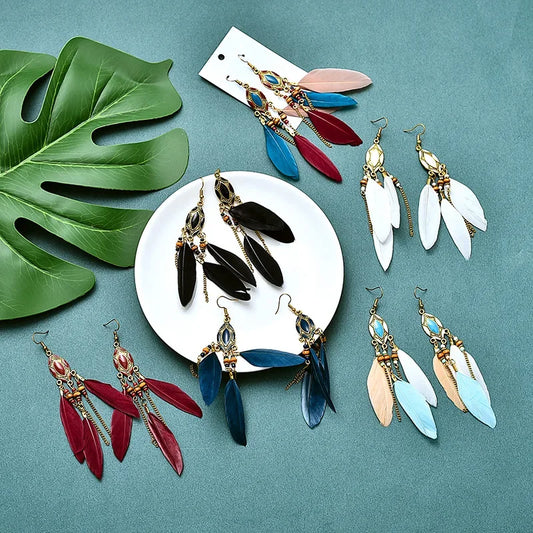 Ethnic Long Feather & Bead Dangle Earrings