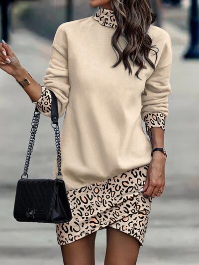 Printed Turtleneck Long Sleeve Mini Dresses