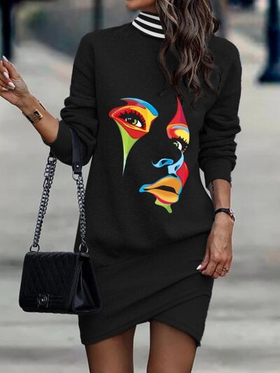 Printed Turtleneck Long Sleeve Mini Dresses