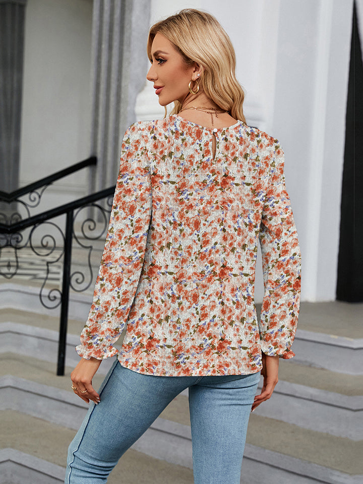 Printed V-Neck Flounce Sleeve Blouse