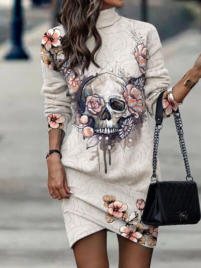Printed Turtleneck Long Sleeve Mini Dresses