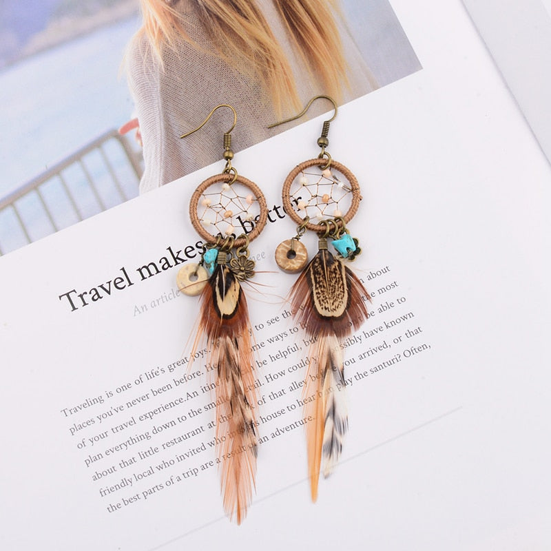 Handmade Bohemian Dream Catcher Feather Earrings