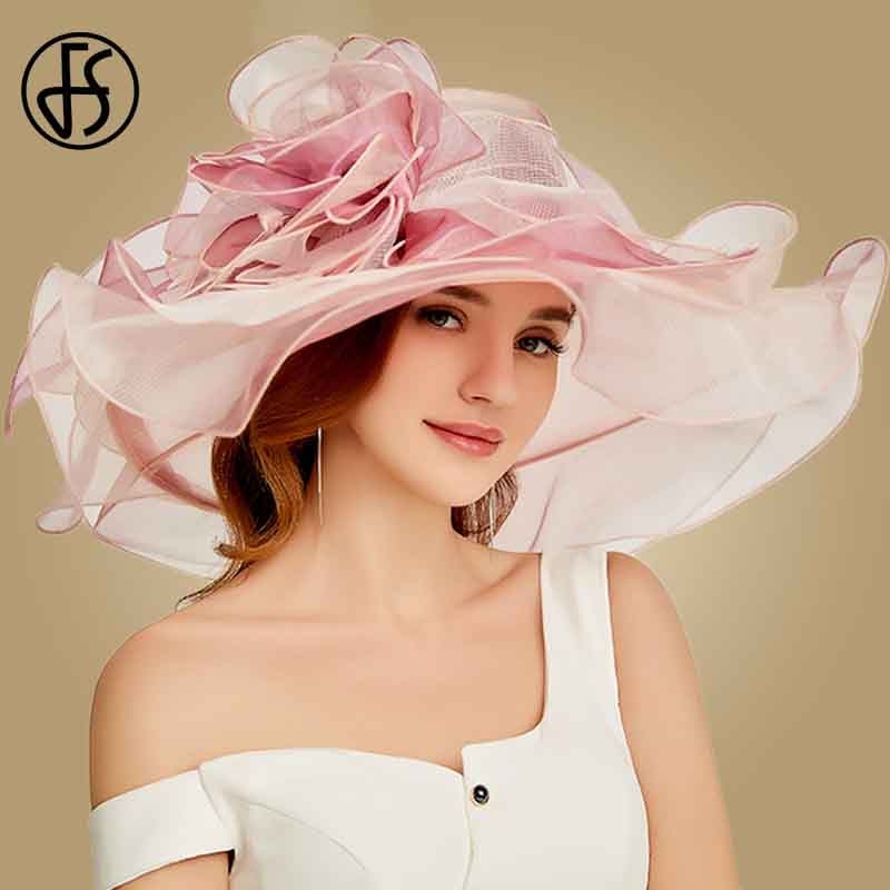 FS Big Flower Sun Hats For Women Beach Beige Organza Tea Party Hat Elegant Ladies Church Kentucky Derby Wide Brim Fedoras