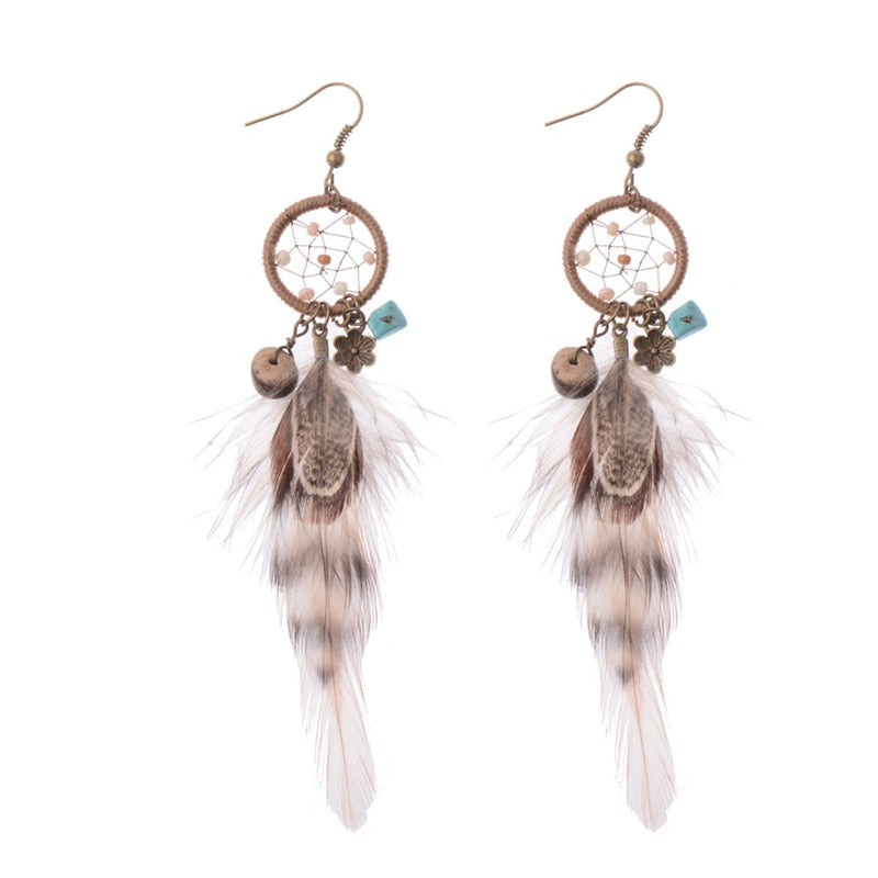 Handmade Bohemian Dream Catcher Feather Earrings