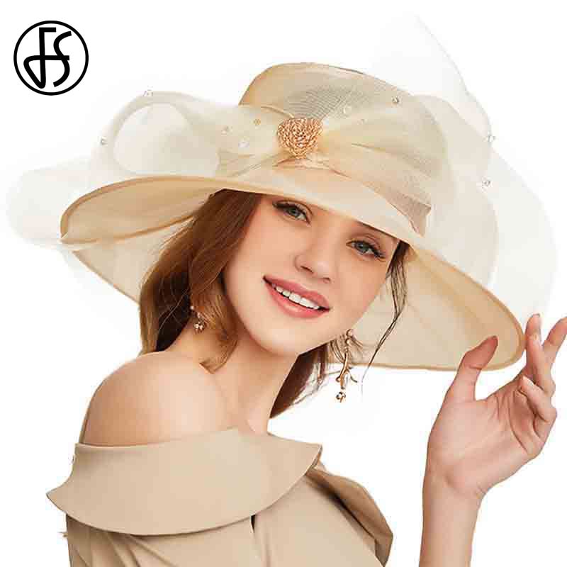 FS Big Flower Sun Hats for Women Beach Beige Organza Tea Party Hat Elegant Ladies Church Kentucky Derby Wide Brim Fedoras Beige White / 56-58cm