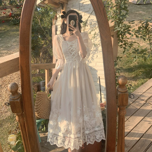Laila: Lace Short Sleeve Square Collar Cottage Core Dress
