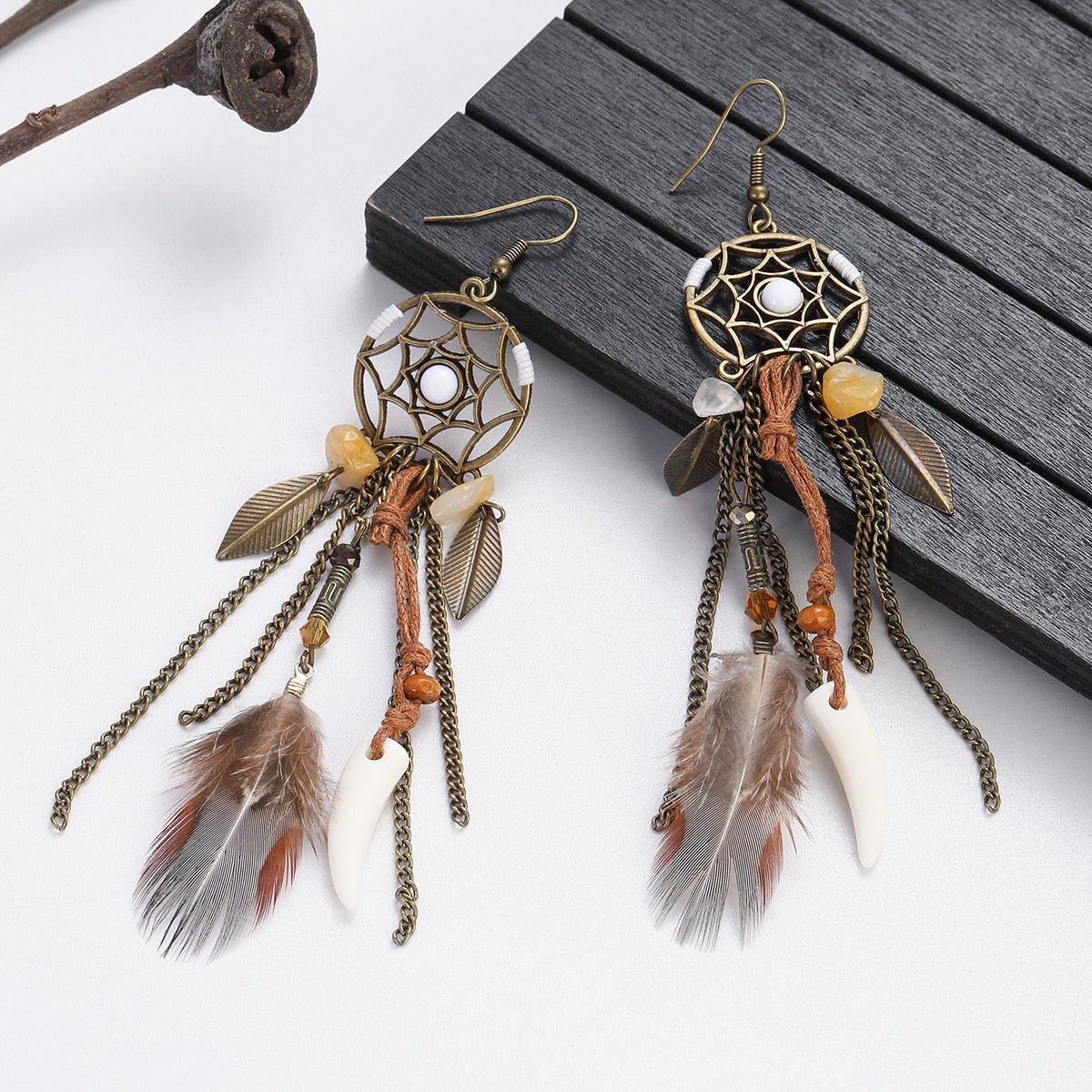 Handmade Bohemian Dream Catcher Feather Earrings