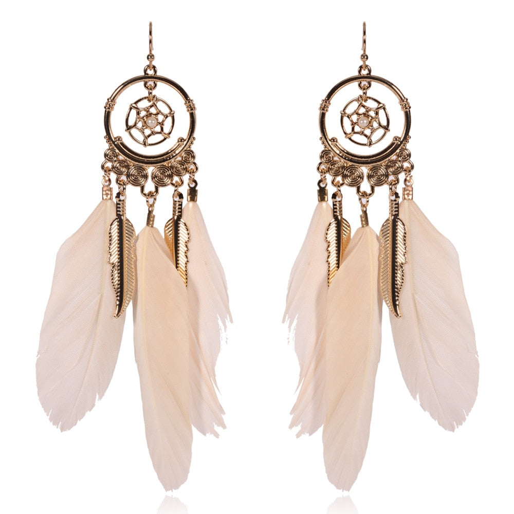 Handmade Bohemian Dream Catcher Feather Earrings