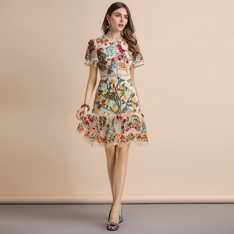 LINDA DELLA Runway Look - Flare Sleeve Floral Embroidered Elegant Mesh Hollow Out Midi Dress