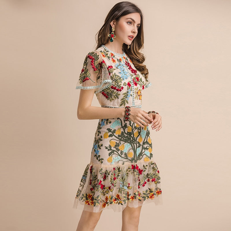 LINDA DELLA Runway Look - Flare Sleeve Floral Embroidered Elegant Mesh Hollow Out Midi Dress