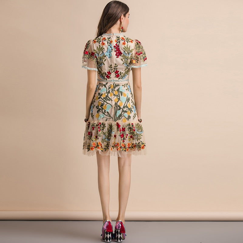 LINDA DELLA Runway Look - Flare Sleeve Floral Embroidered Elegant Mesh Hollow Out Midi Dress