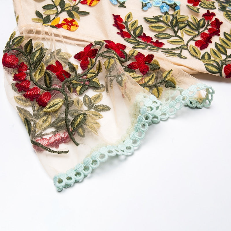 LINDA DELLA Runway Look - Flare Sleeve Floral Embroidered Elegant Mesh Hollow Out Midi Dress