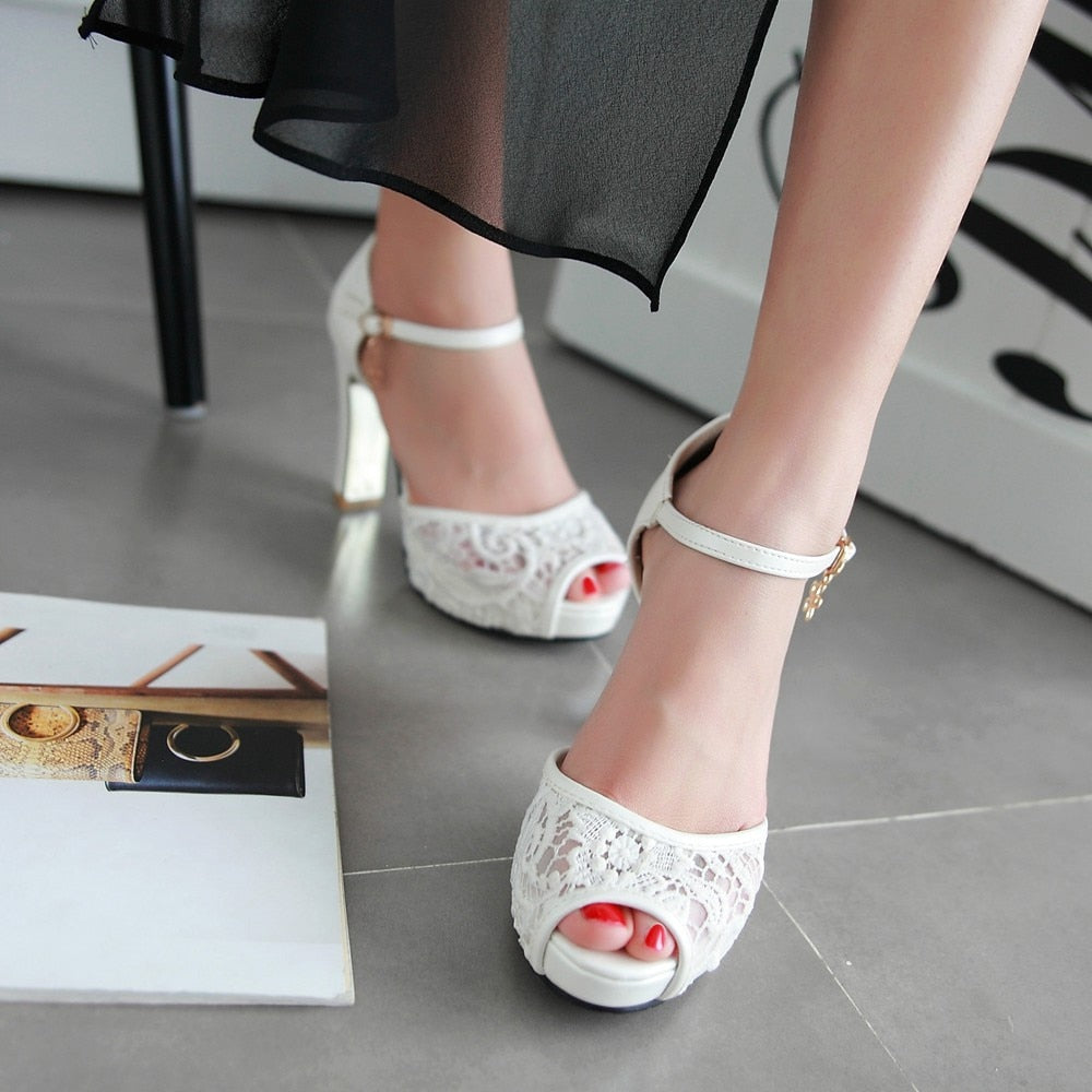 Handmade Lace Mesh Platform Sandals with Charm Element (White / Black / Pink / Mint Green)