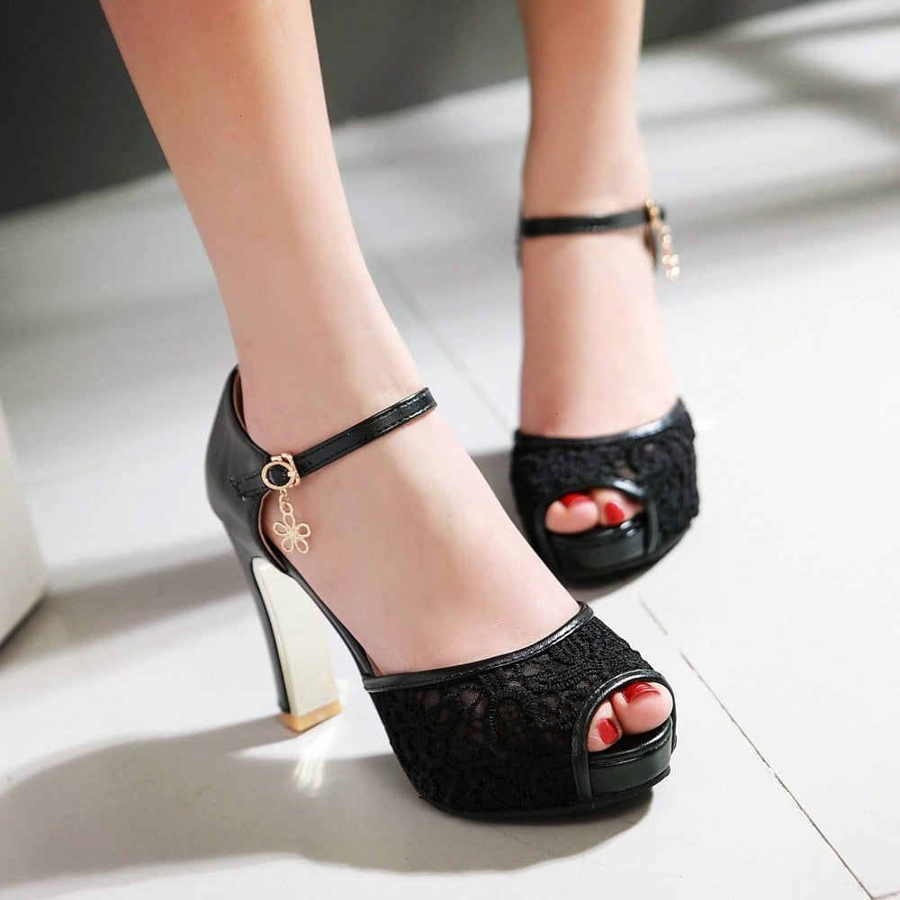 Handmade Lace Mesh Platform Sandals with Charm Element (White / Black / Pink / Mint Green)