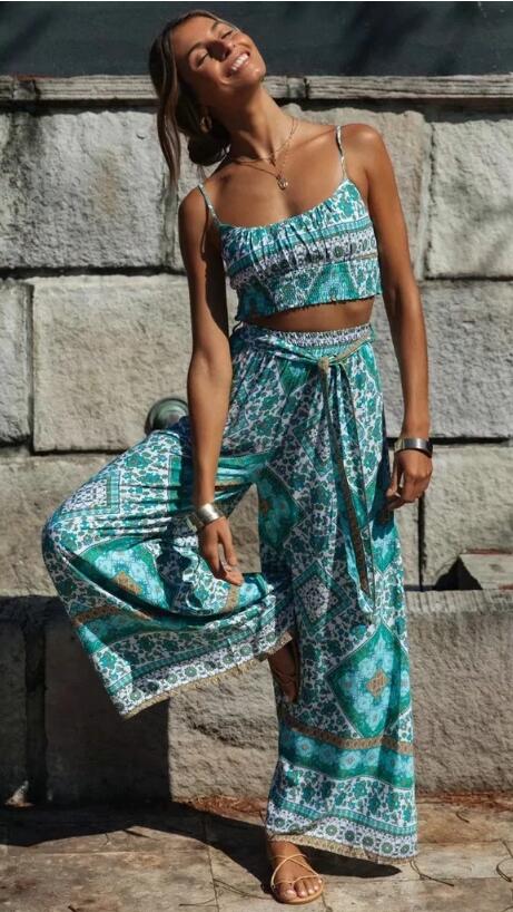 Bohemian Floral Print Crop Top with Wide Leg Pants