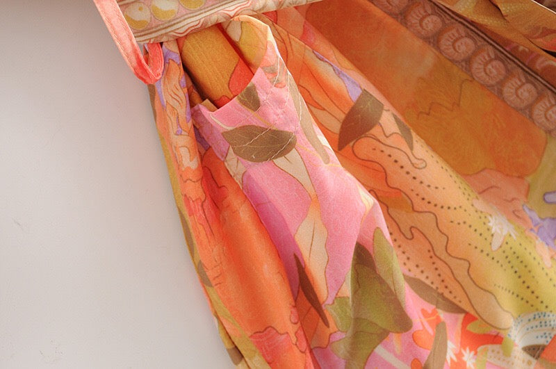Beautiful Bohemian Style Orange Flower Crane Print Kimono