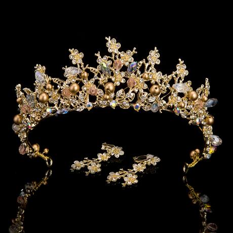 White, Gold or Pink Handmade Tiaras & Matching Earrings (Post/Clip-on)