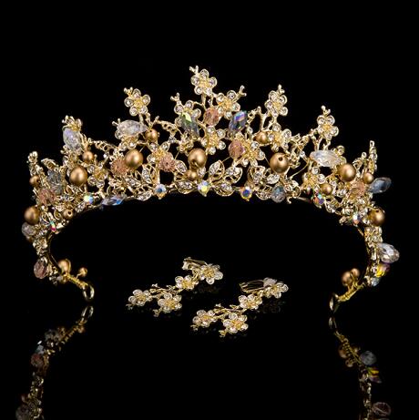 White, Gold or Pink Handmade Tiaras & Matching Earrings (Post/Clip-on)