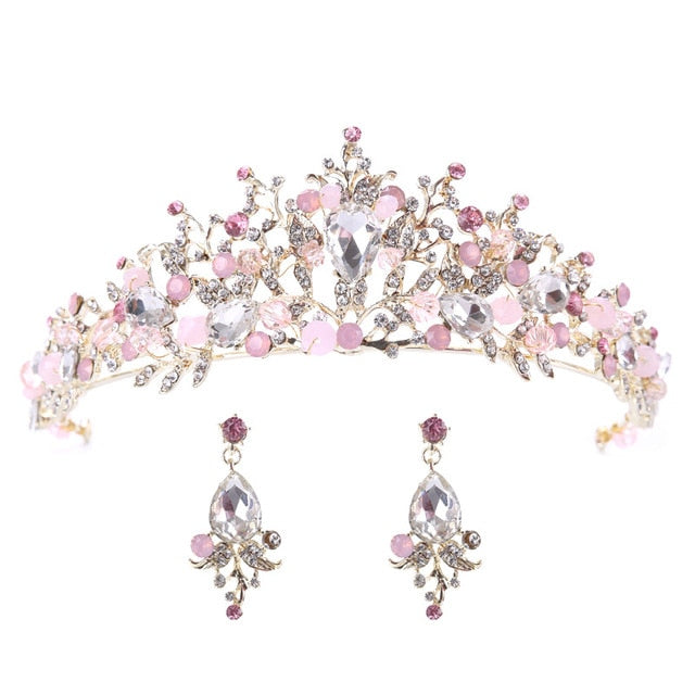 White, Gold or Pink Handmade Tiaras & Matching Earrings (Post/Clip-on)