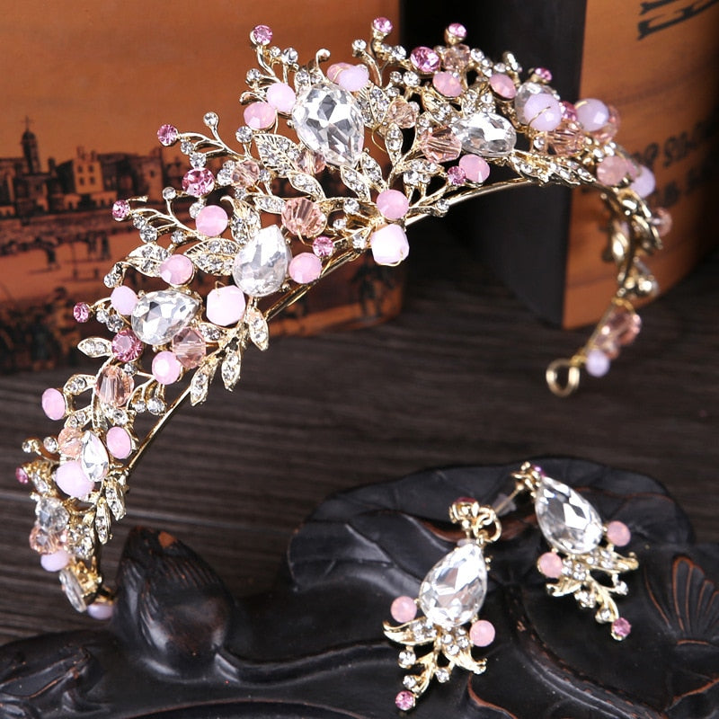White, Gold or Pink Handmade Tiaras & Matching Earrings (Post/Clip-on)