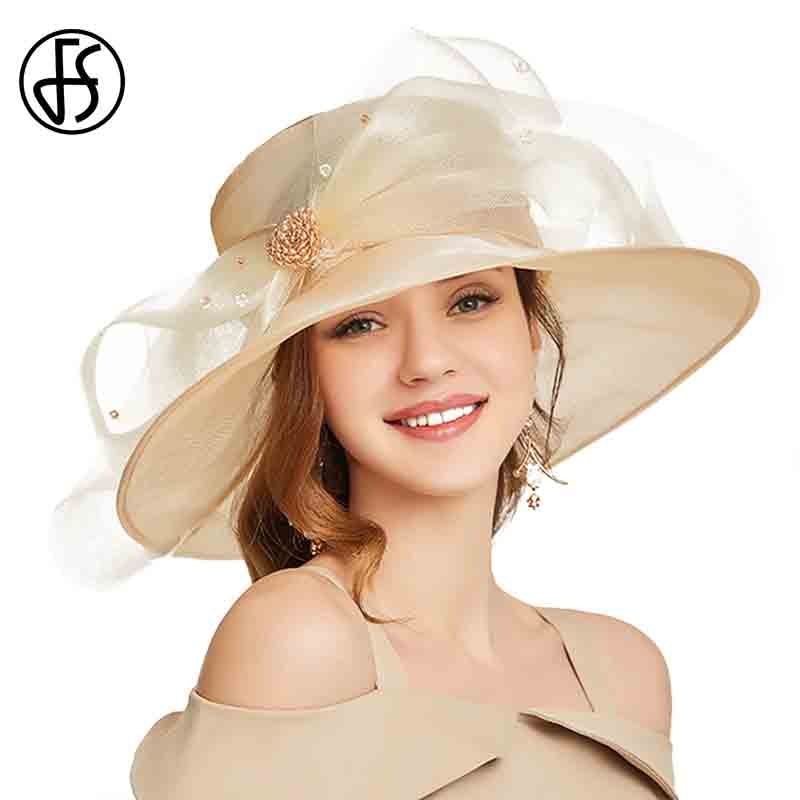 FS Organza Wide Brim Sun Hats (5 Colors) Beige White Sun Hat / 56-58cm