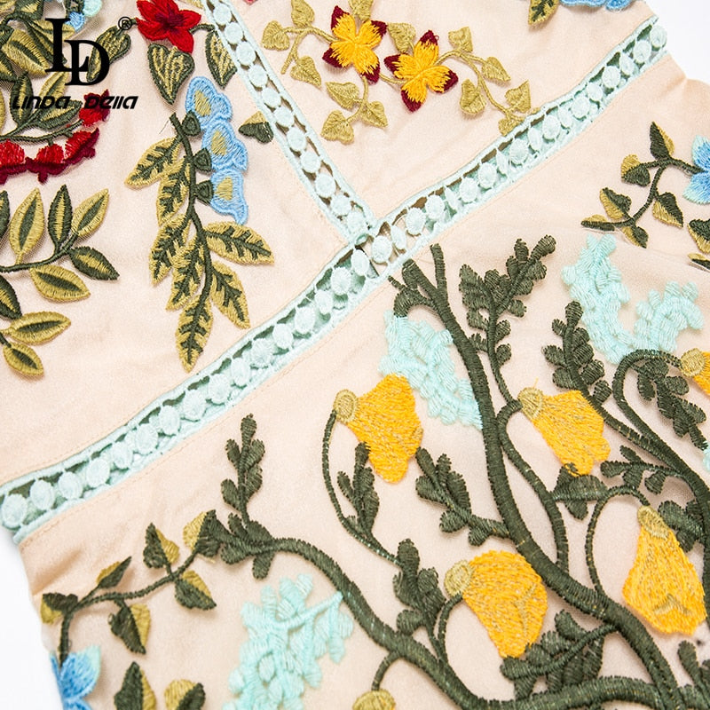 LINDA DELLA Runway Look - Flare Sleeve Floral Embroidered Elegant Mesh Hollow Out Midi Dress
