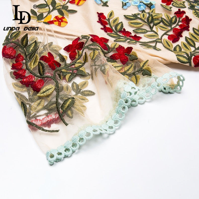 LINDA DELLA Runway Look - Flare Sleeve Floral Embroidered Elegant Mesh Hollow Out Midi Dress