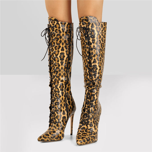 Sexy Leopard/Black/Red Stiletto Pointed Toe Lace-Up & Side Zip 10-11CM High Heel Boots