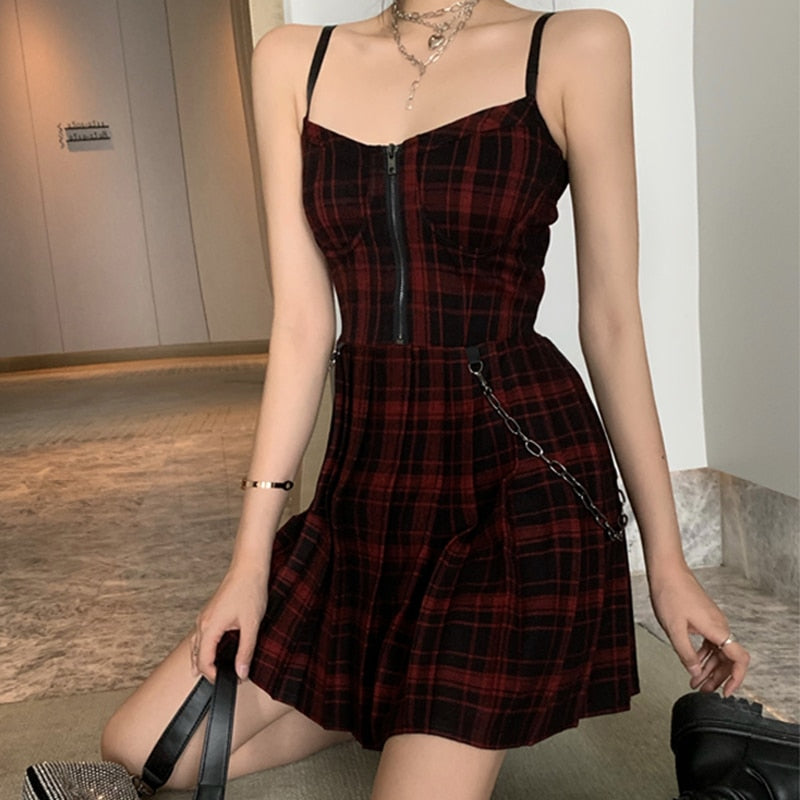 Goth Girl Red & Black Plaid Spaghetti Strap Mini Dresses (2 Colors)