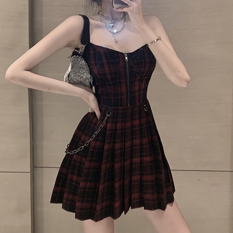 Goth Girl Red & Black Plaid Spaghetti Strap Mini Dresses (2 Colors)