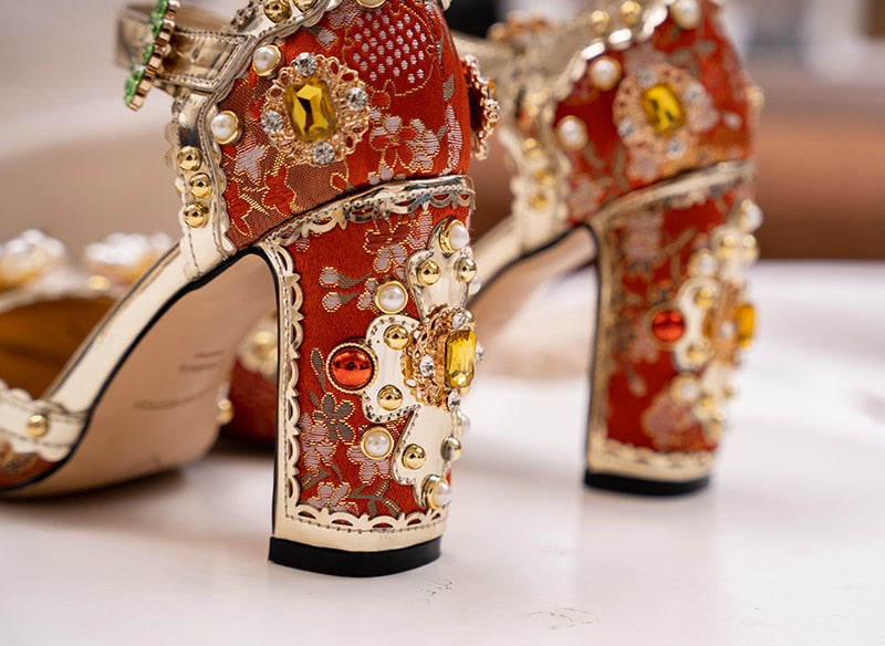 Embroidered Silk Crystal Embellished Fashionista Mary Janes (green / red)
