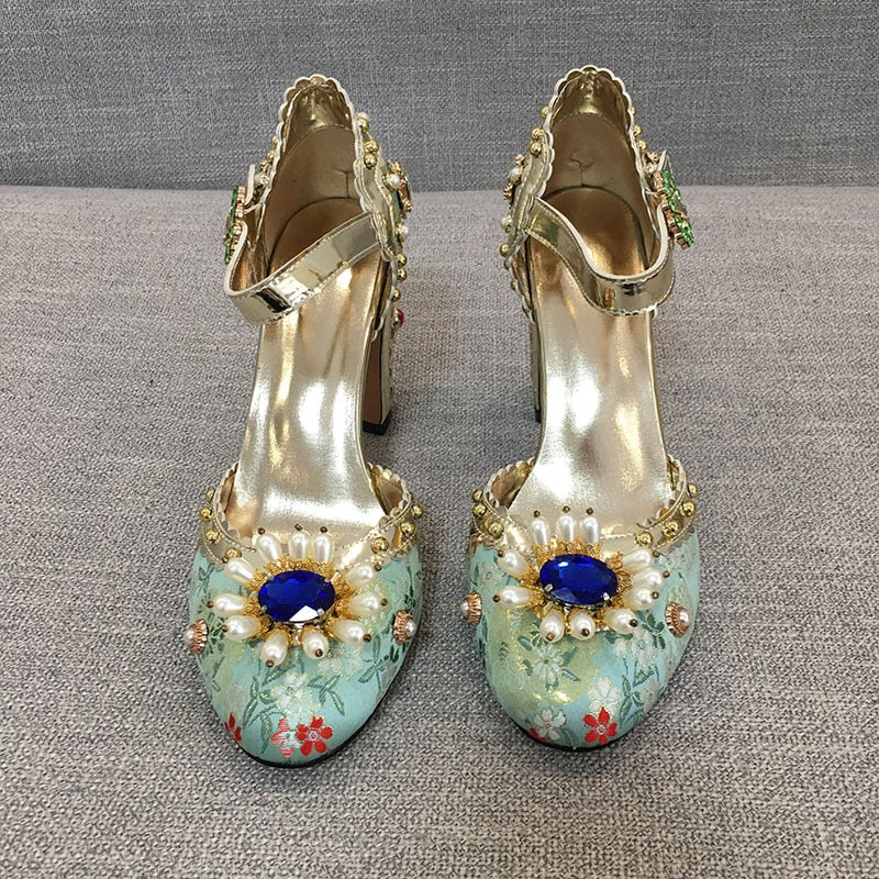Embroidered Silk Crystal Embellished Fashionista Mary Janes (green / red)