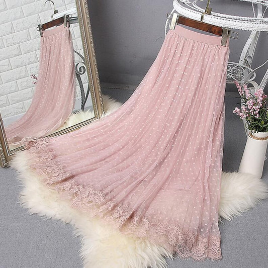 Elegant Elastic Waist Polka Dot Mesh A-line Long Skirt (4 colors)
