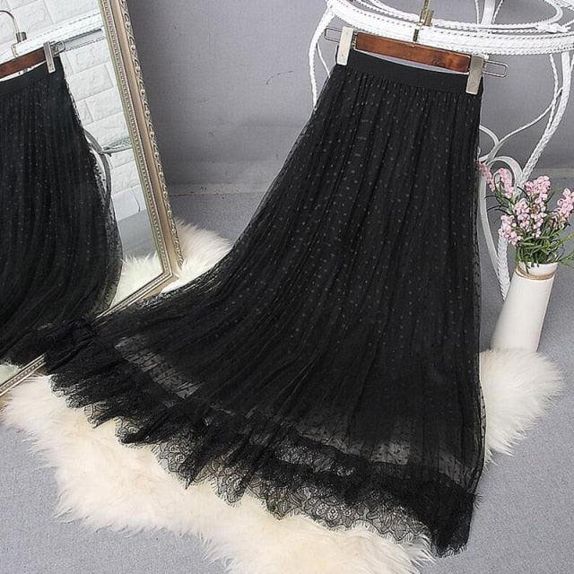 Elegant Elastic Waist Polka Dot Mesh A-line Long Skirt (4 colors)