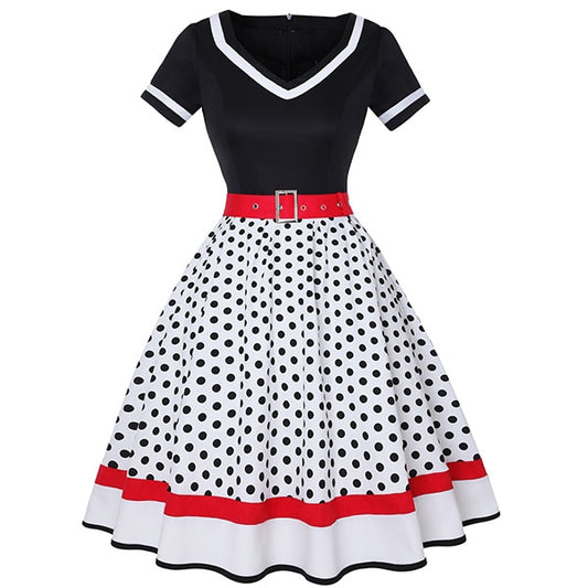 Vintage V-Neck Short Sleeve Belted Hepburn Dresses in multiple colors