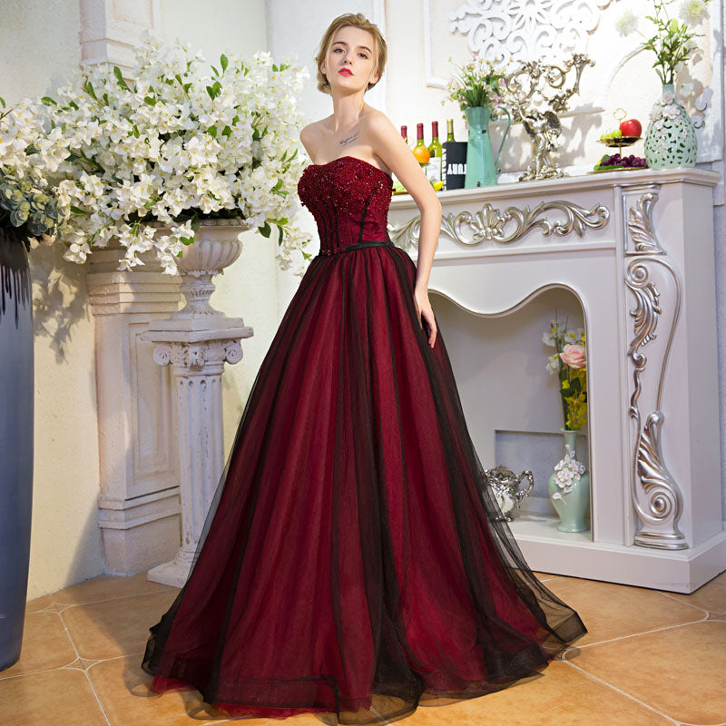 Burgundy Red Black Veiled Ball Gown with Beaded Top