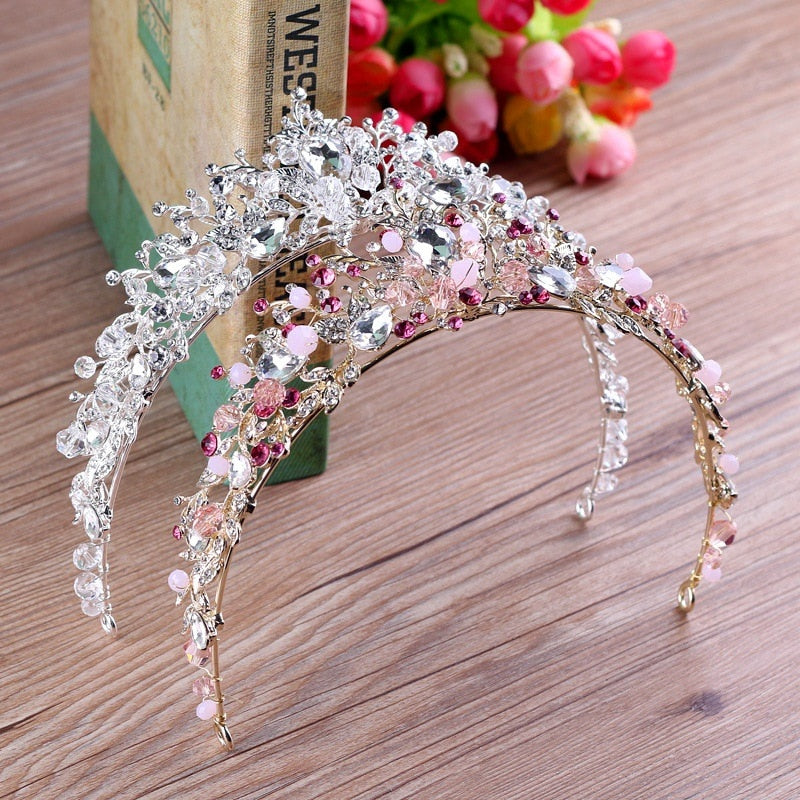 White, Gold or Pink Handmade Tiaras & Matching Earrings (Post/Clip-on)
