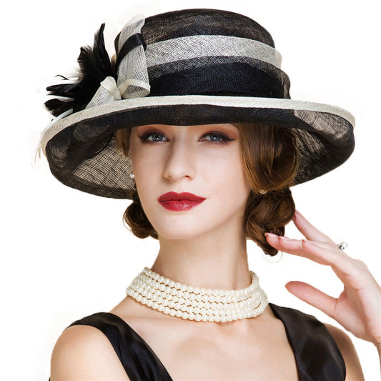 Black and White Large Brim Linen Kentucky Derby Hat