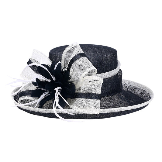 Black and White Large Brim Linen Kentucky Derby Hat