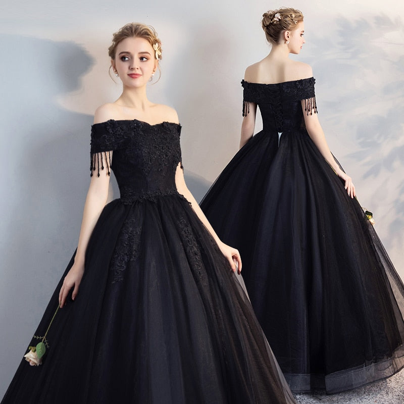 Black Organza Renaissance Ball Gown with Tassels & Beading (Custom Made)