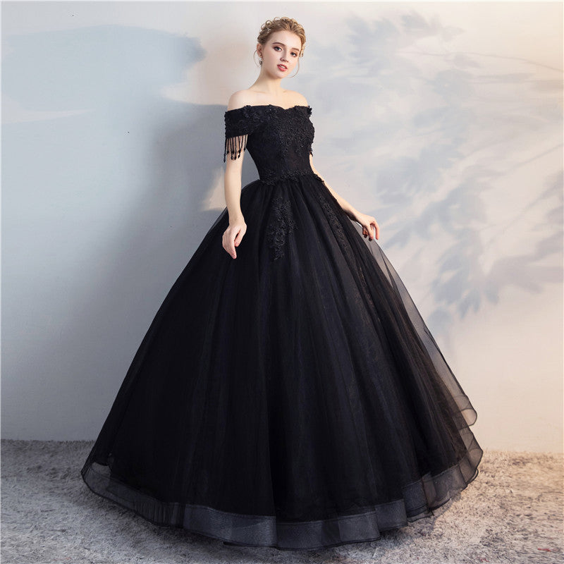 Black Organza Renaissance Ball Gown with Tassels & Beading (Custom Made)