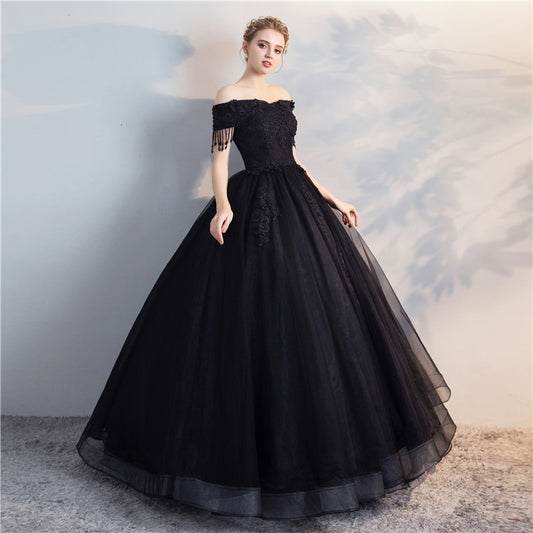 Black Organza Renaissance Ball Gown with Tassels & Beading (Custom Made)