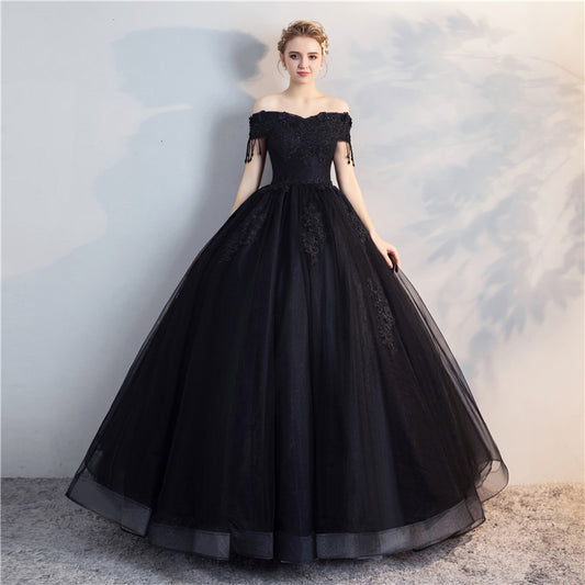 Black Organza Renaissance Ball Gown with Tassels & Beading (Custom Made)