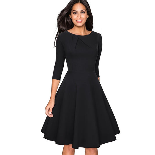 Graceful Vintage Solid Color Elegant O-Neck A-Line Flare Swing Dress (Multiple Colors)