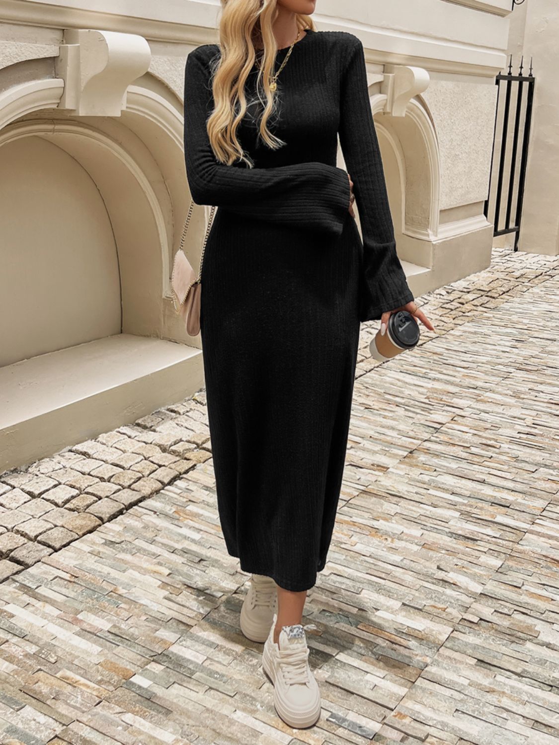 Devine Tied Round Neck Long Sleeve Midi Dress