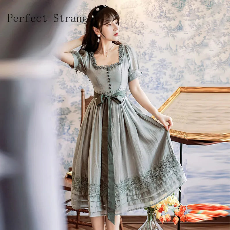 Ella: Vintage French Style Square Collar Short Sleeve Cotton Linen Dress