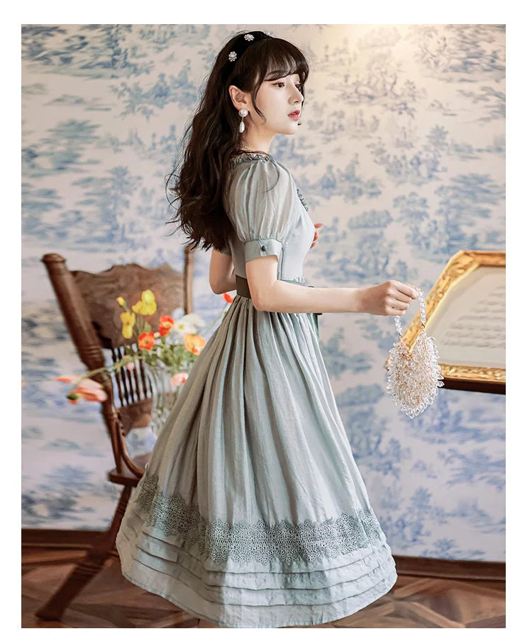 Ella: Vintage French Style Square Collar Short Sleeve Cotton Linen Dress