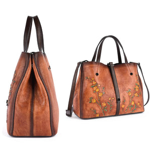 Motaora Genuine Leather Flower Embossed Handmade Large Capacity Crossbody Bag